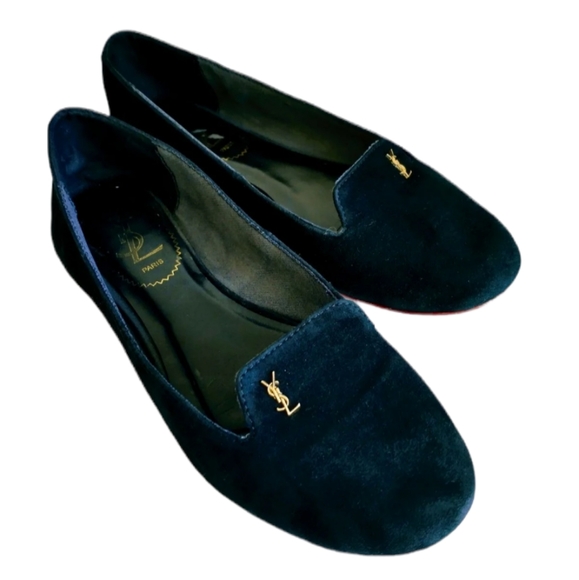 YSL Yves Saint Laurent Black Suede Shoes.(Size 37) Made in Italy. Gold-tone Logo